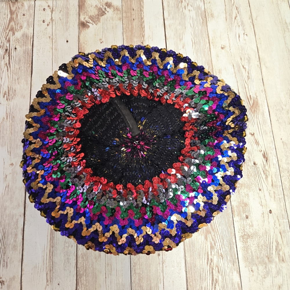 Vintage Multicolor Sequin Beret Hat Sparkly Disco Festival Statement Cap - Picture 2 of 10